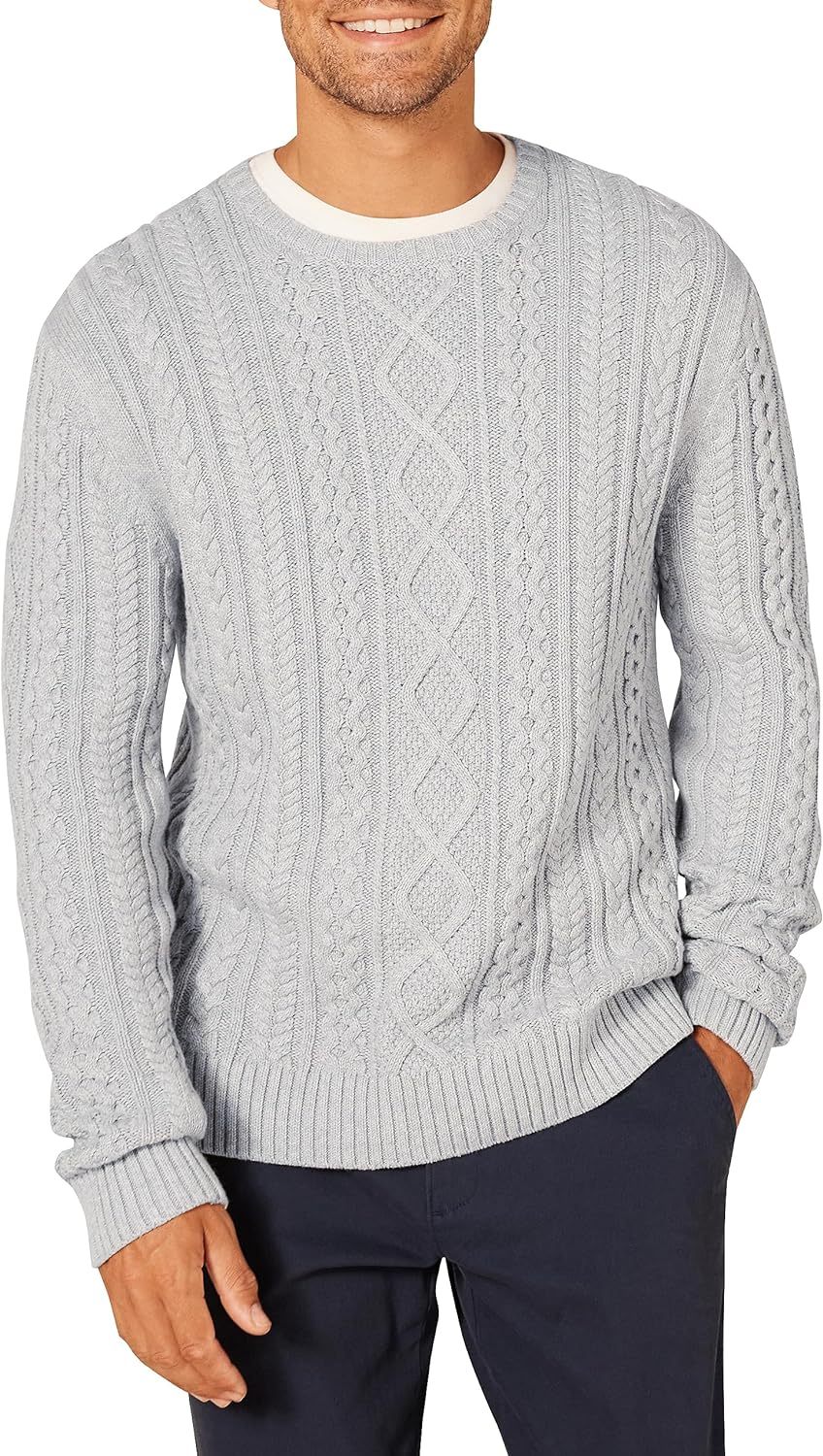 Men's Long-Sleeve 100% Cotton Fisherman Cable Crewneck Sweater