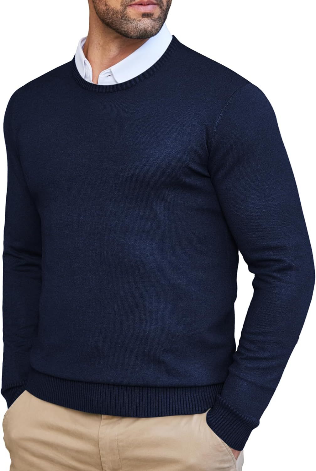 Men's Dress Crew Neck Sweater Slim Fit Lightweight Long Sleeve Sweater