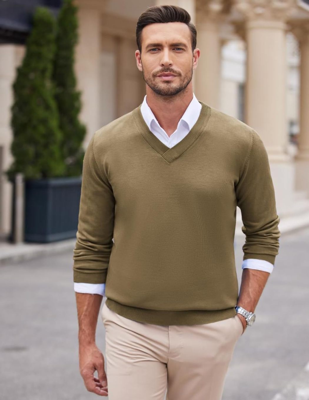 Mens V Neck Dress Sweater Long Sleeve Slim Fit Fashion Pullover Sweater