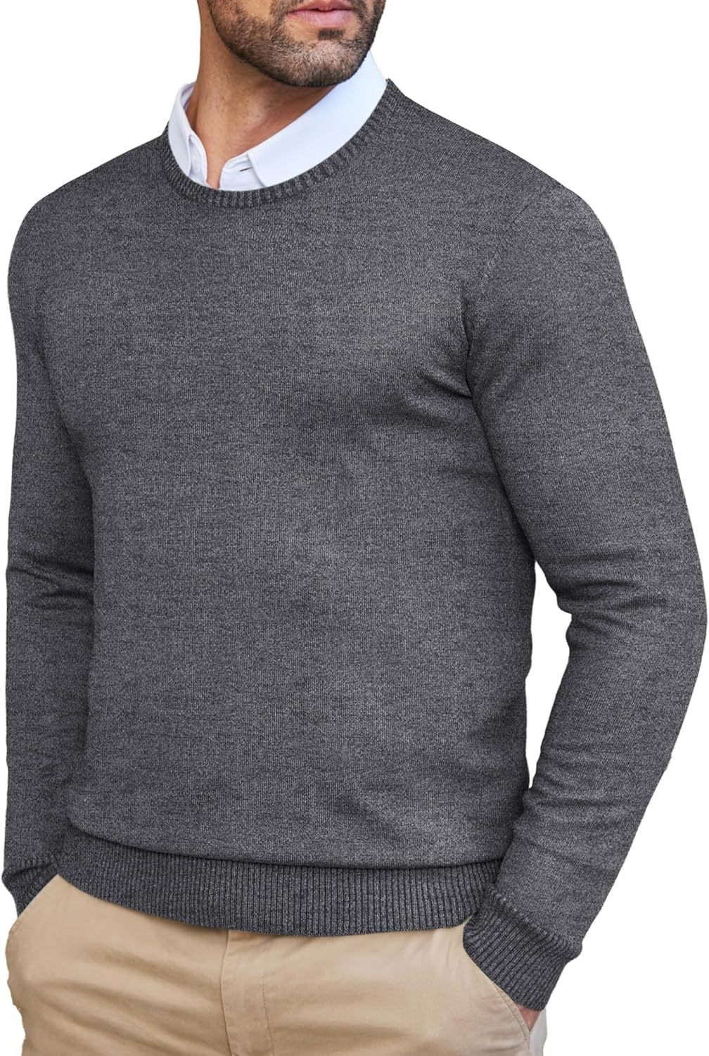 Men's Dress Crew Neck Sweater Slim Fit Lightweight Long Sleeve Sweater