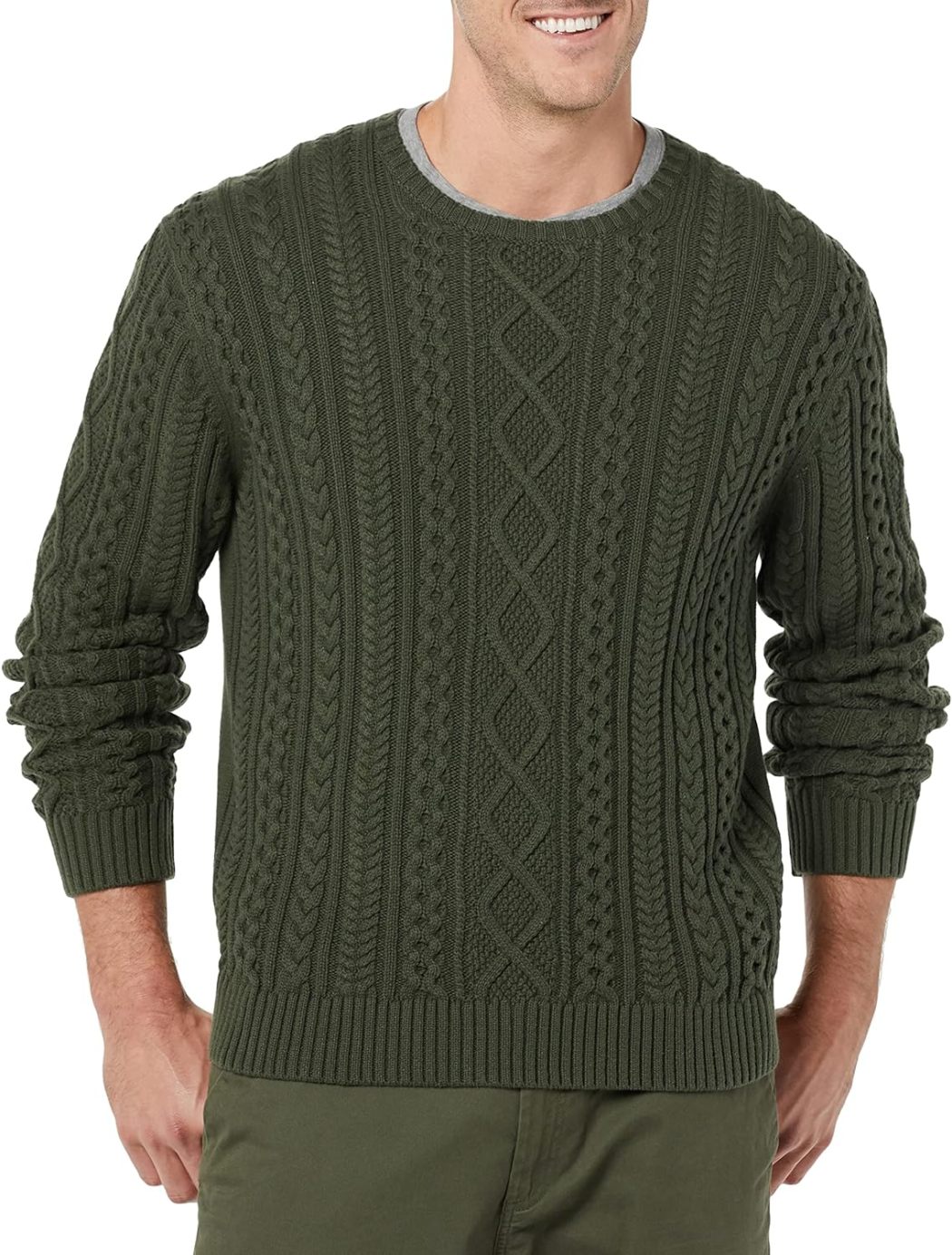 Men's Long-Sleeve 100% Cotton Fisherman Cable Crewneck Sweater
