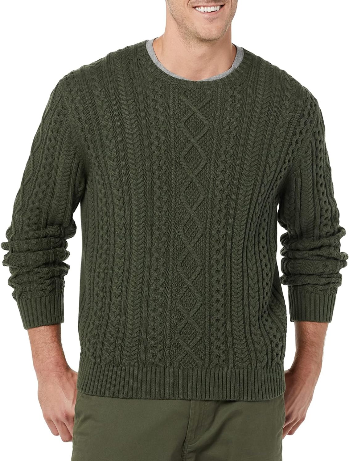 Men's Long-Sleeve 100% Cotton Fisherman Cable Crewneck Sweater