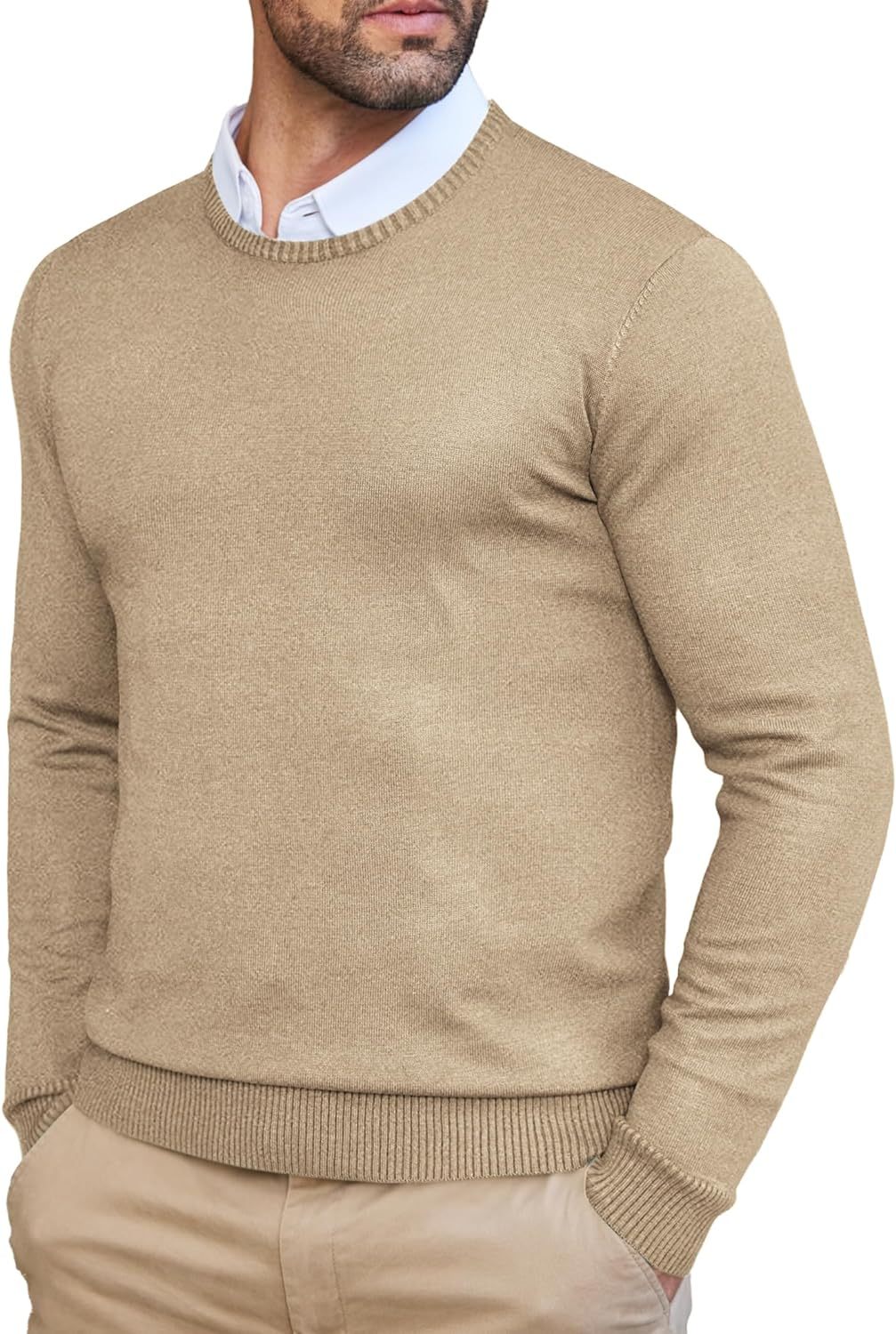 Men's Dress Crew Neck Sweater Slim Fit Lightweight Long Sleeve Sweater
