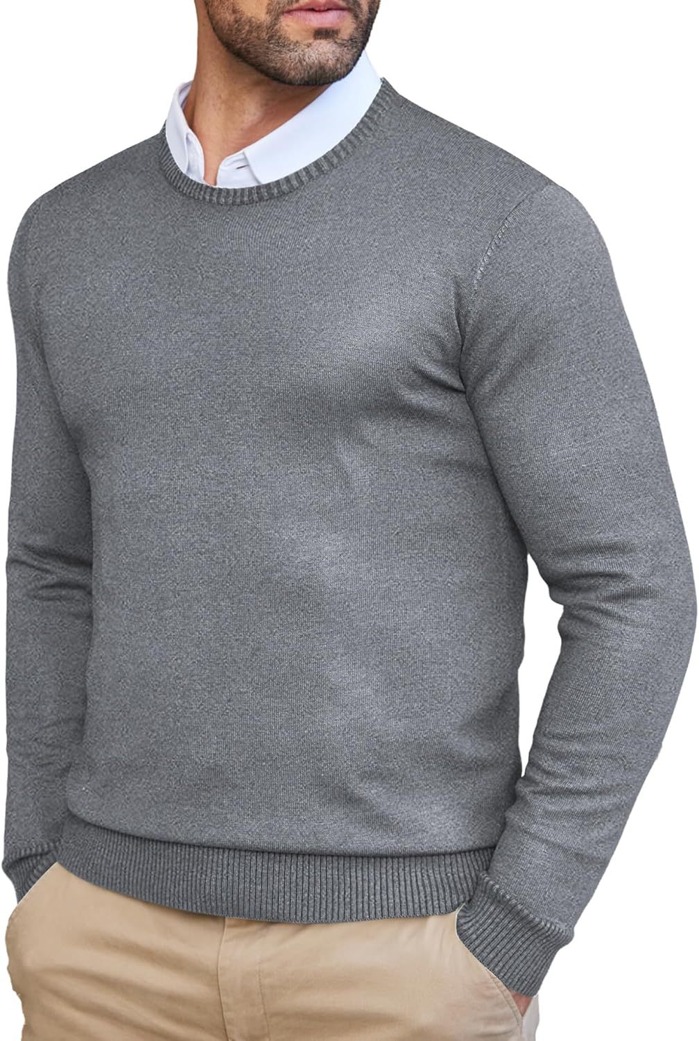 Men's Dress Crew Neck Sweater Slim Fit Lightweight Long Sleeve Sweater