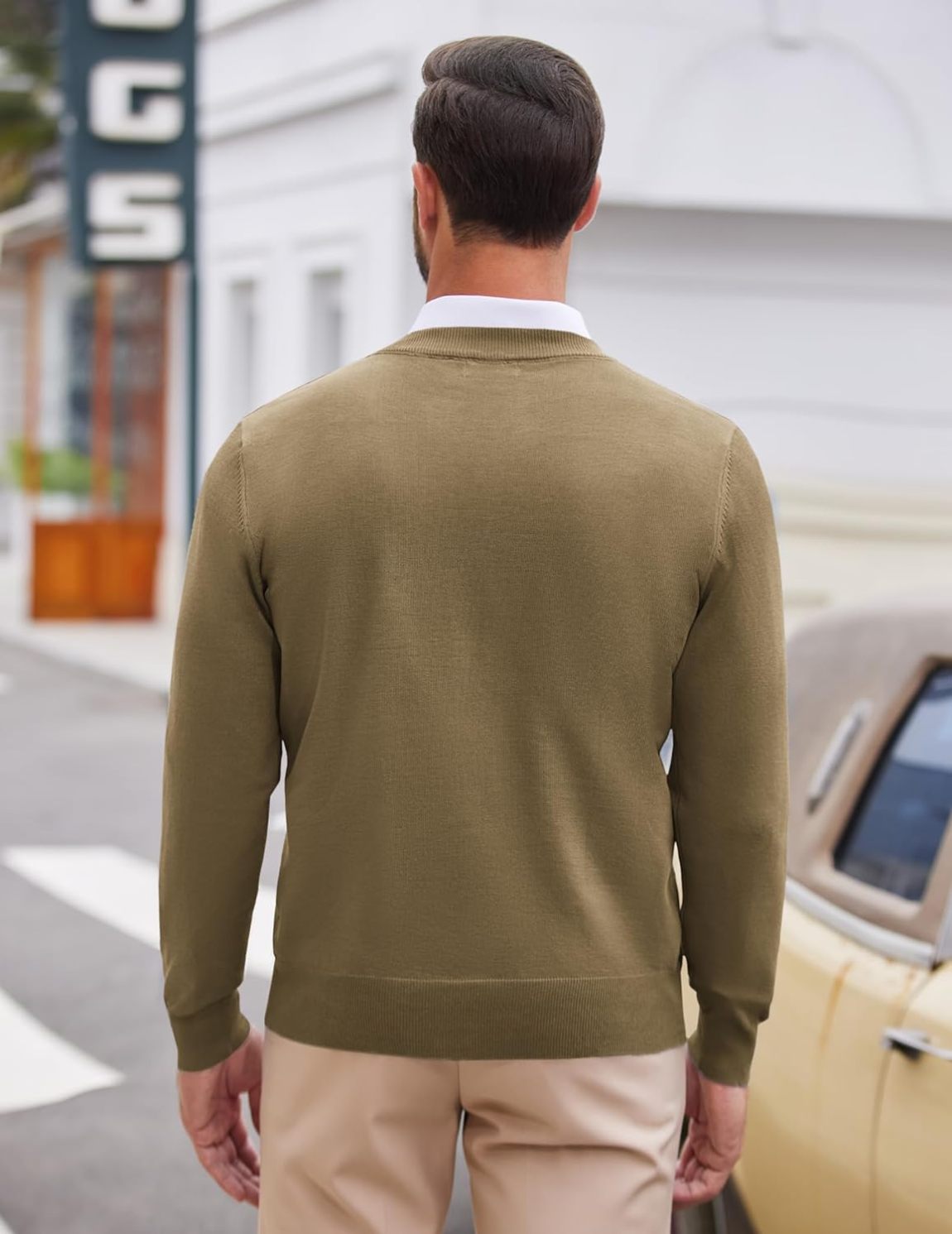 Mens V Neck Dress Sweater Long Sleeve Slim Fit Fashion Pullover Sweater