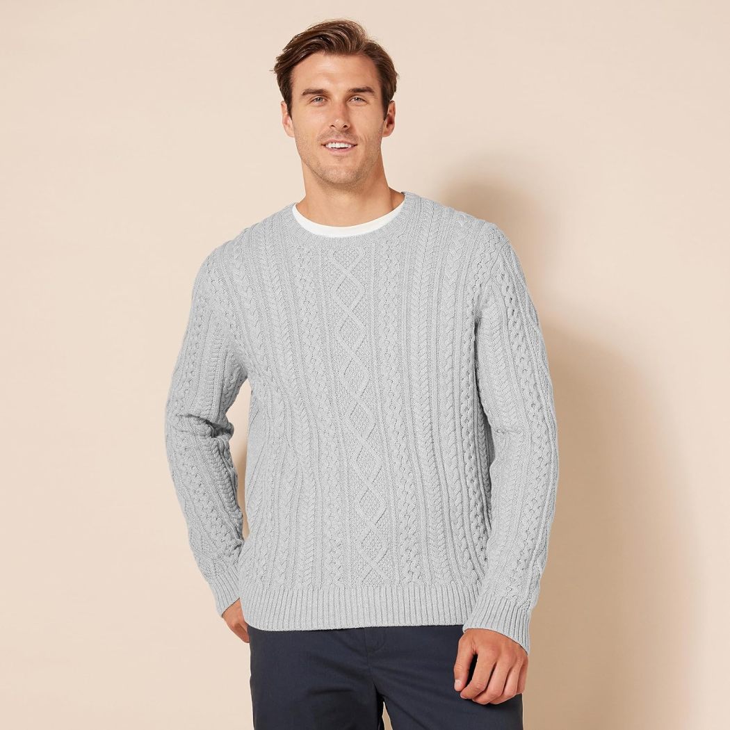 Men's Long-Sleeve 100% Cotton Fisherman Cable Crewneck Sweater