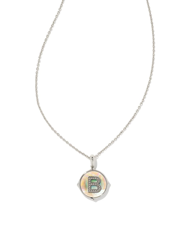 Letter A Silver Disc Reversible Pendant Necklace in Iridescent Abalone