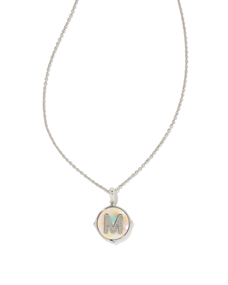 Letter A Silver Disc Reversible Pendant Necklace in Iridescent Abalone