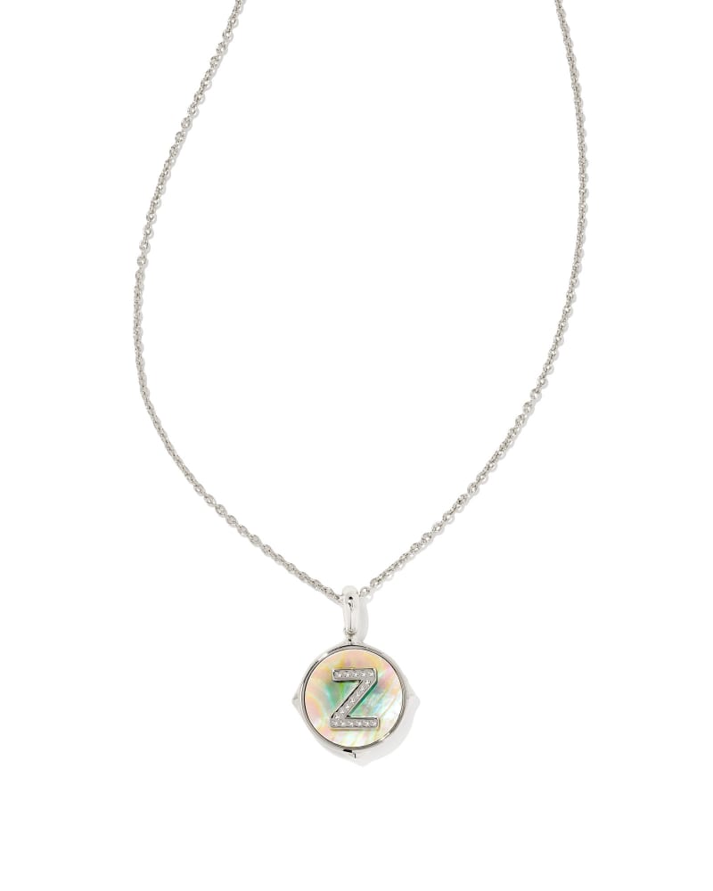 Letter A Silver Disc Reversible Pendant Necklace in Iridescent Abalone