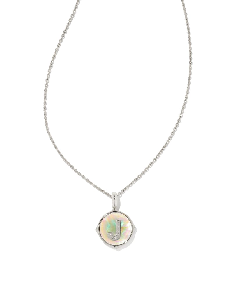 Letter A Silver Disc Reversible Pendant Necklace in Iridescent Abalone
