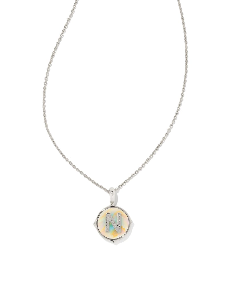 Letter A Silver Disc Reversible Pendant Necklace in Iridescent Abalone