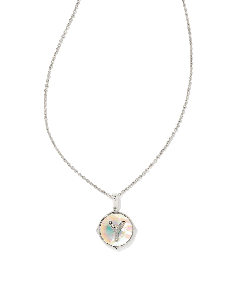 Letter A Silver Disc Reversible Pendant Necklace in Iridescent Abalone