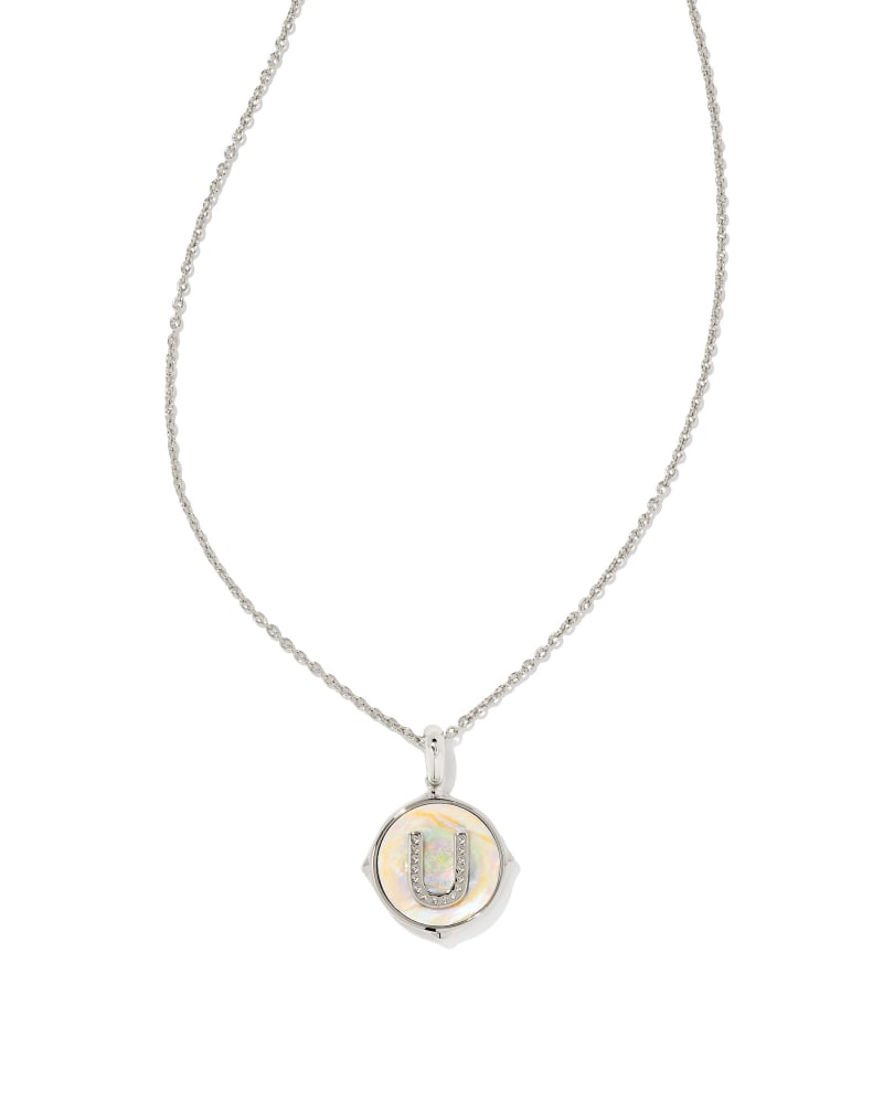Letter A Silver Disc Reversible Pendant Necklace in Iridescent Abalone