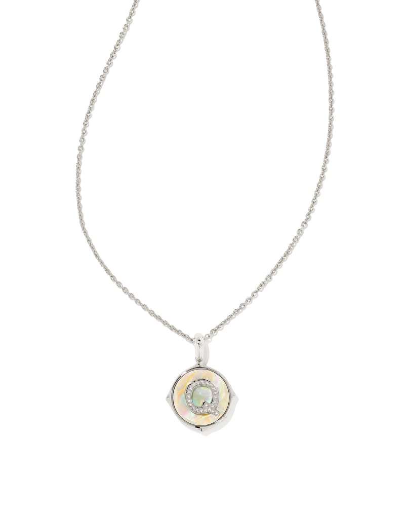 Letter A Silver Disc Reversible Pendant Necklace in Iridescent Abalone