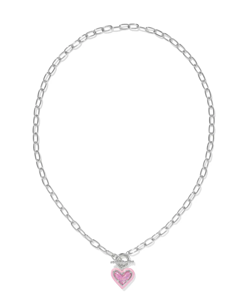 Ari Heart Gold Enamel Frame Link and Chain Necklace in Pink Iridescent Glitter Glass