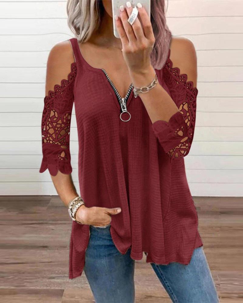 Cold Sleeve Zipper Front Lace Trim Top