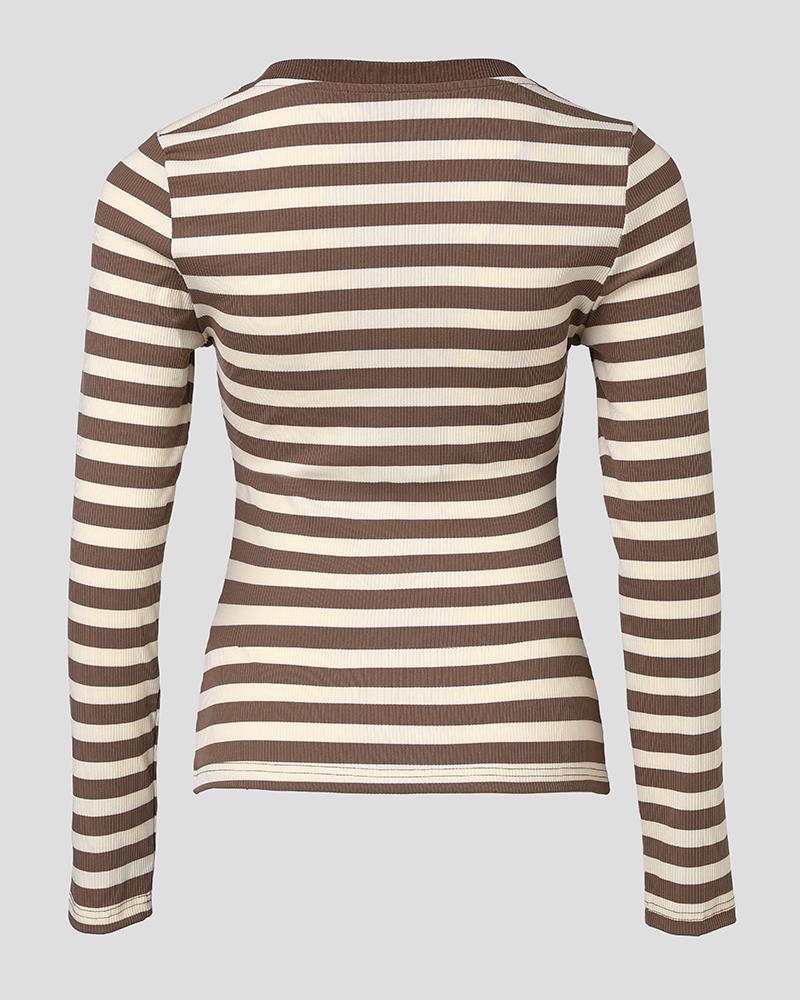 Striped Long Sleeve Crewneck Tops Button Front Ribbed Slim Fit Casual Basic Tees Tops