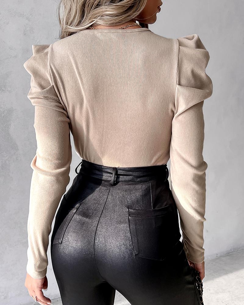 Gigot Sleeve Beaded Slim Fit Ribbed Top