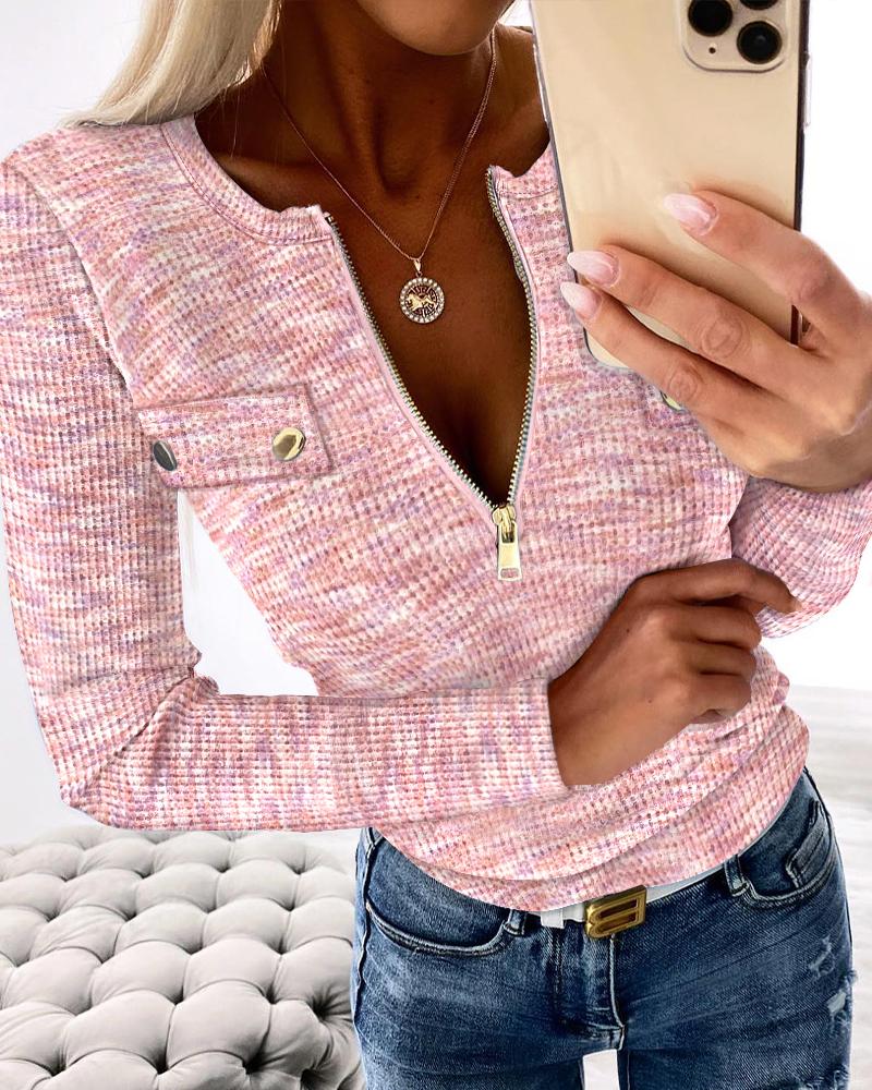 Crewneck Long Sleeve Ribbed Top Half Zipper Design Casual Pullover Tops