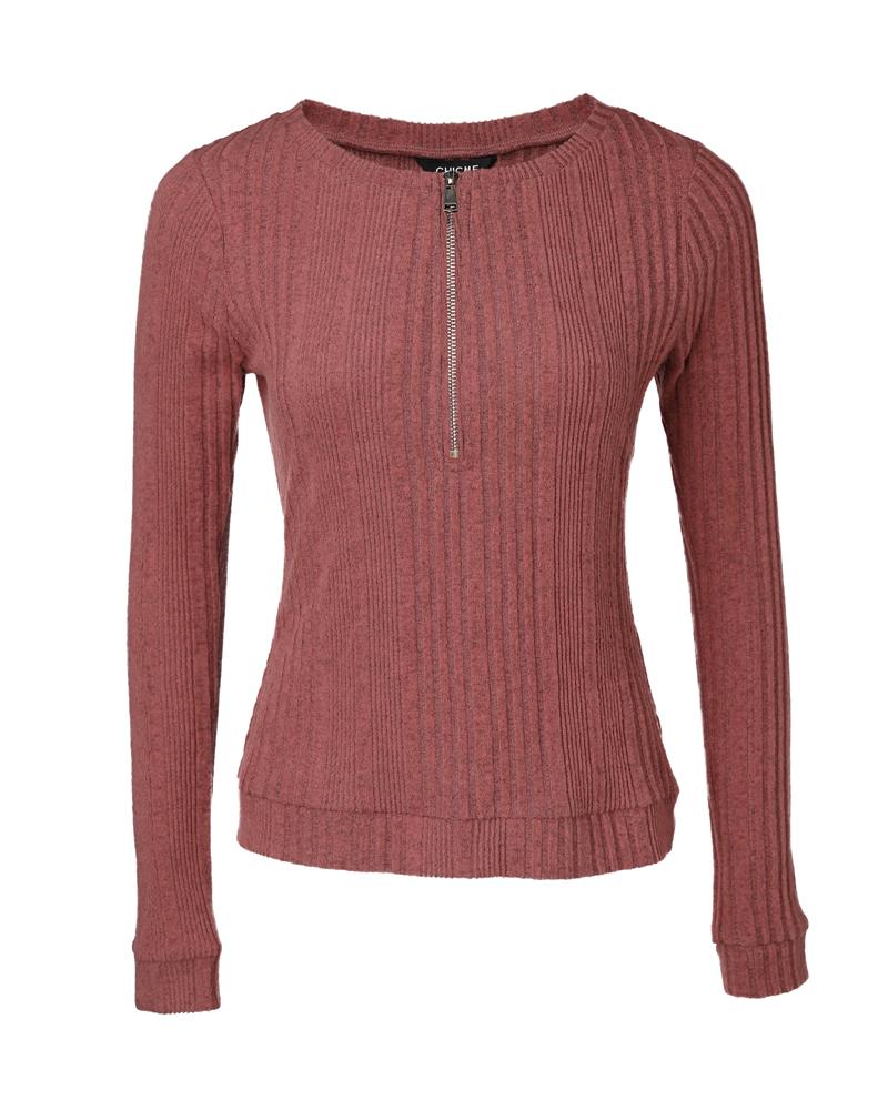 Crewneck Long Sleeve Ribbed Top Half Zipper Design Casual Pullover Tops