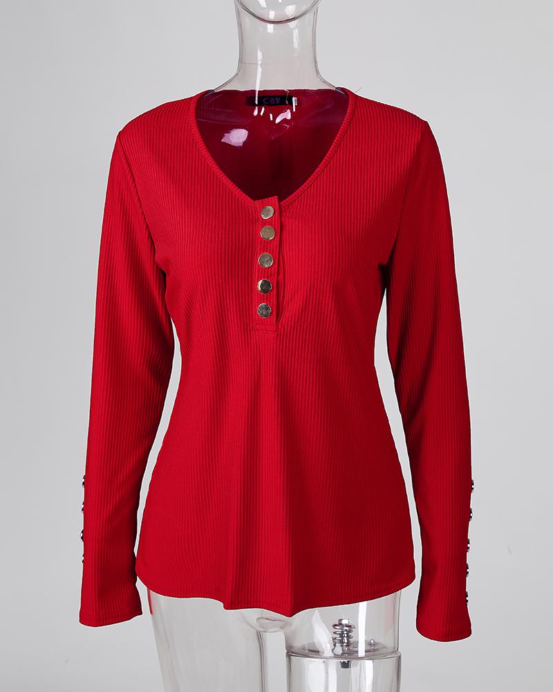 V Neck Button Down Slim Fit Ribbed Top Long Sleeve Pullover Casual Shirts