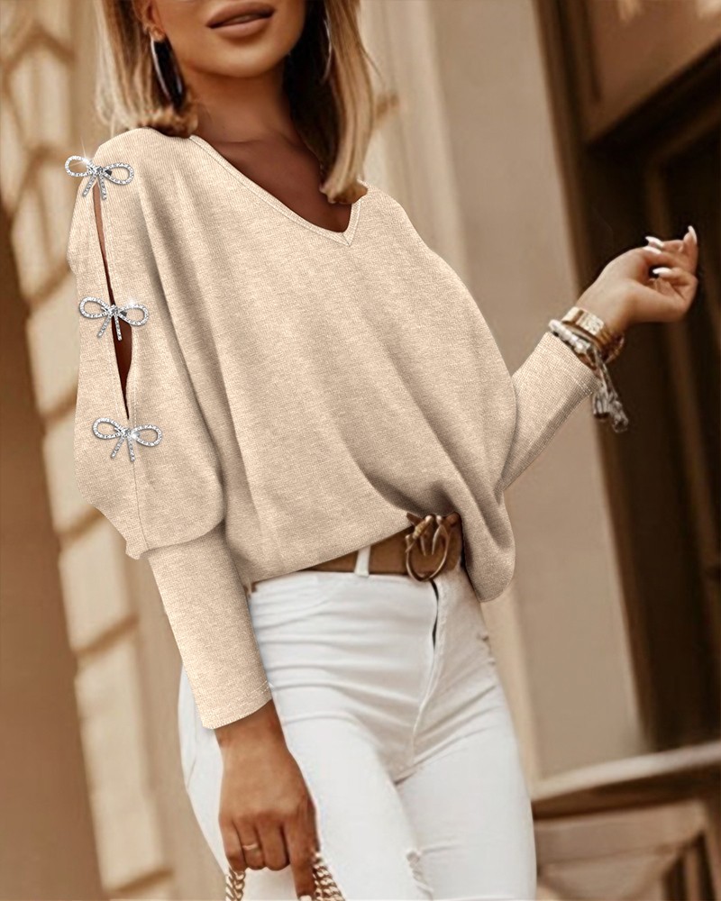 V-Neck Batwing Sleeve Pullover Top Rhinestone Bowknot Decor Hollow Out Tee