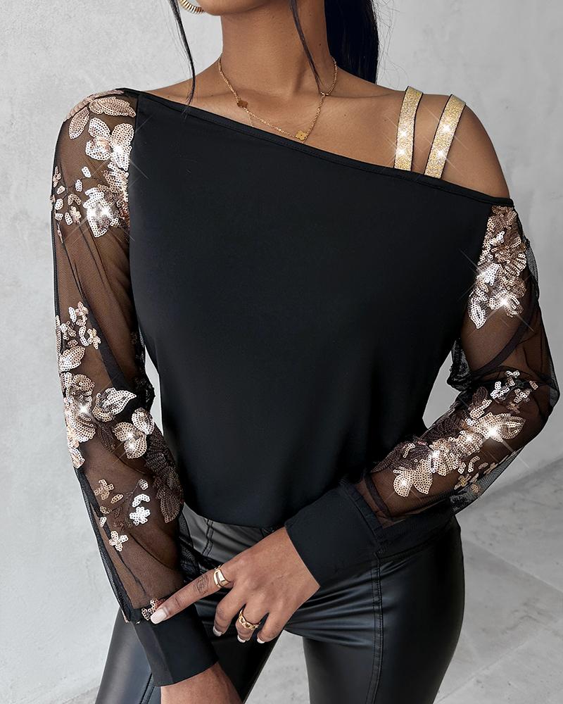 Mesh Patch Floral Sequin Cold SXhoulder Top