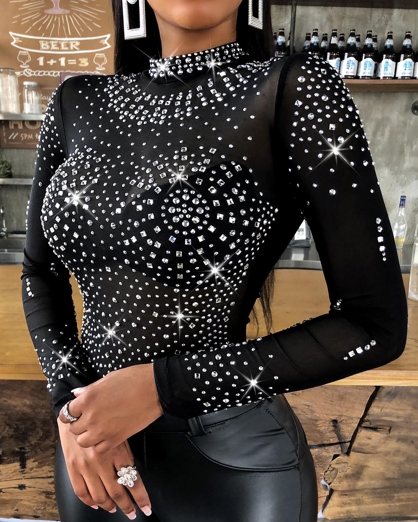 Rhinestone Butterfly Pattern Long Sleeve Top