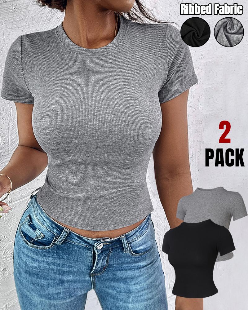 2-Pack Crewneck Short Sleeve Skinny Ribbed T-Shirt