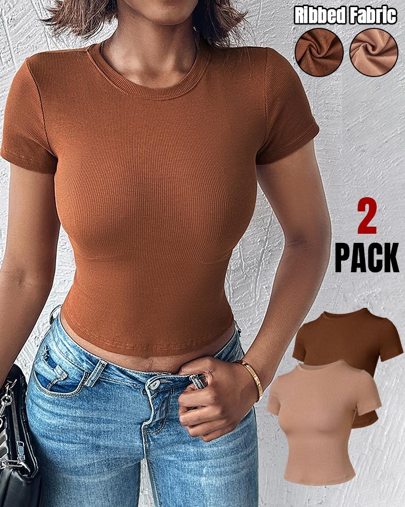 2-Pack Crewneck Short Sleeve Skinny Ribbed T-Shirt