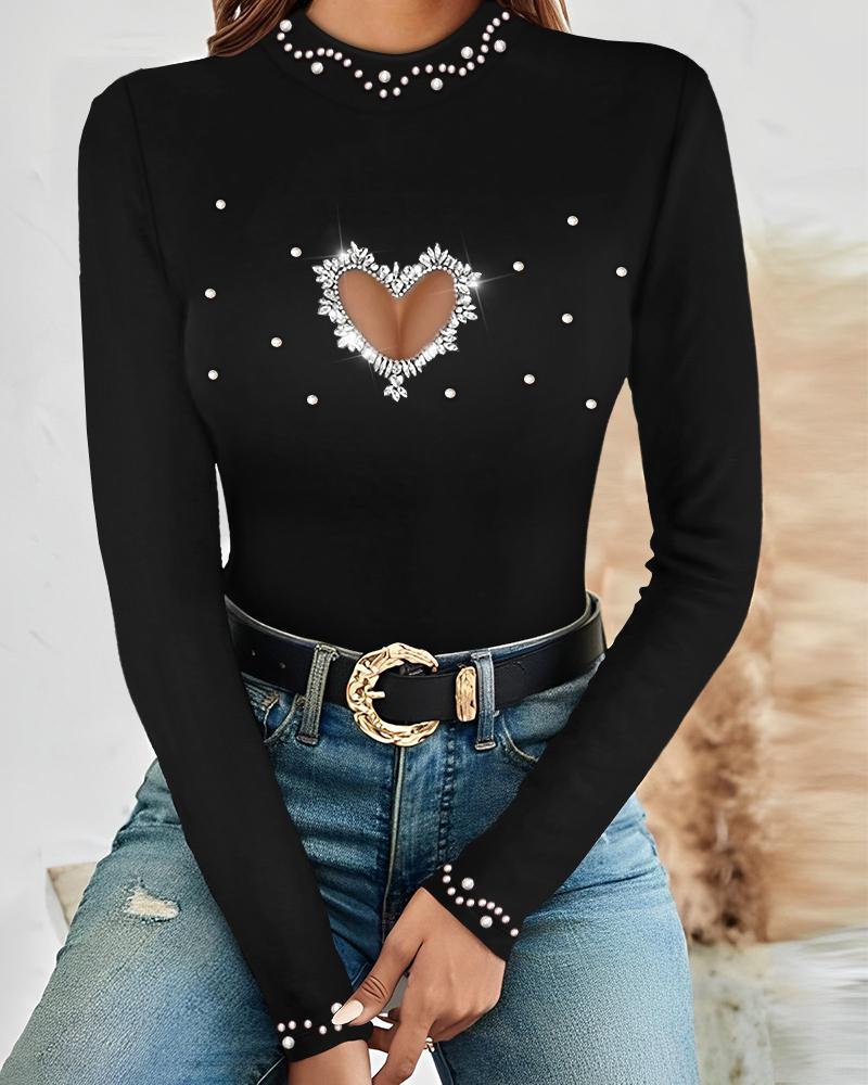 Hollow Heart Beaded Long Sleeve Top