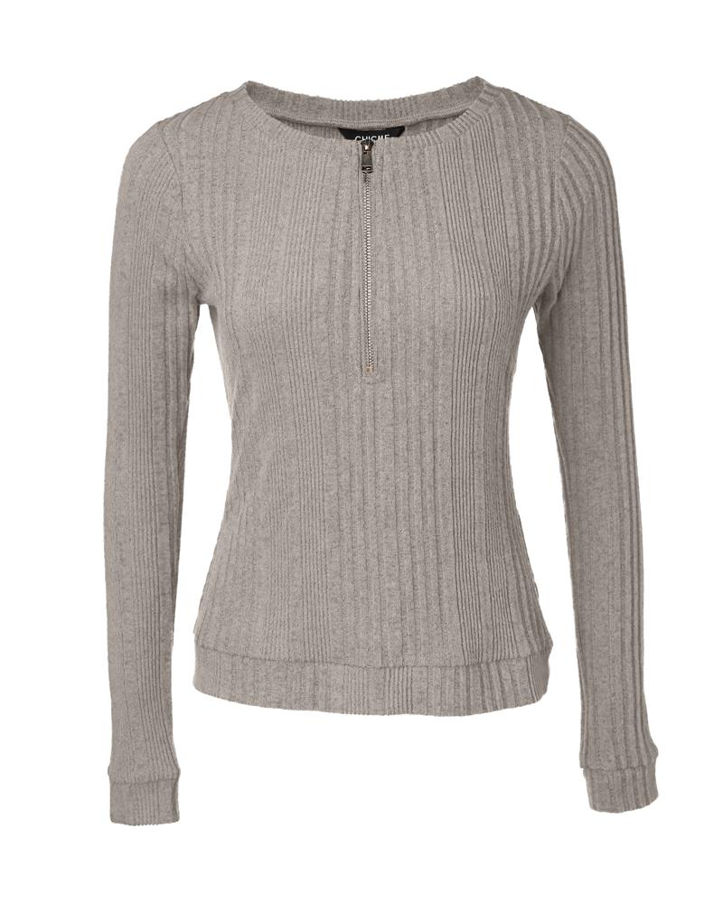 Crewneck Long Sleeve Ribbed Top Half Zipper Design Casual Pullover Tops