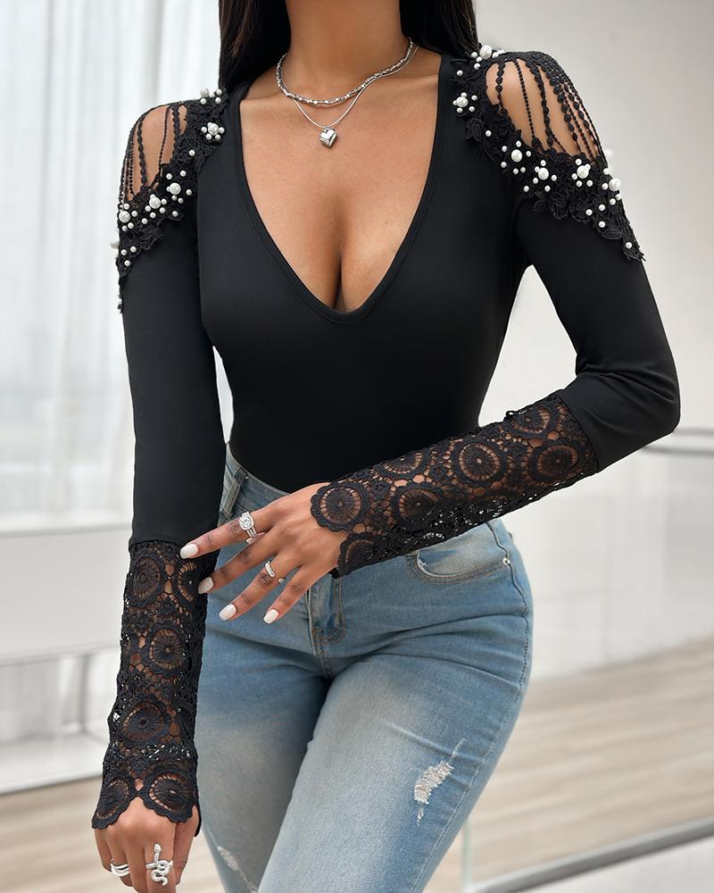 V-Neck Lace Patch Long Sleeve Top