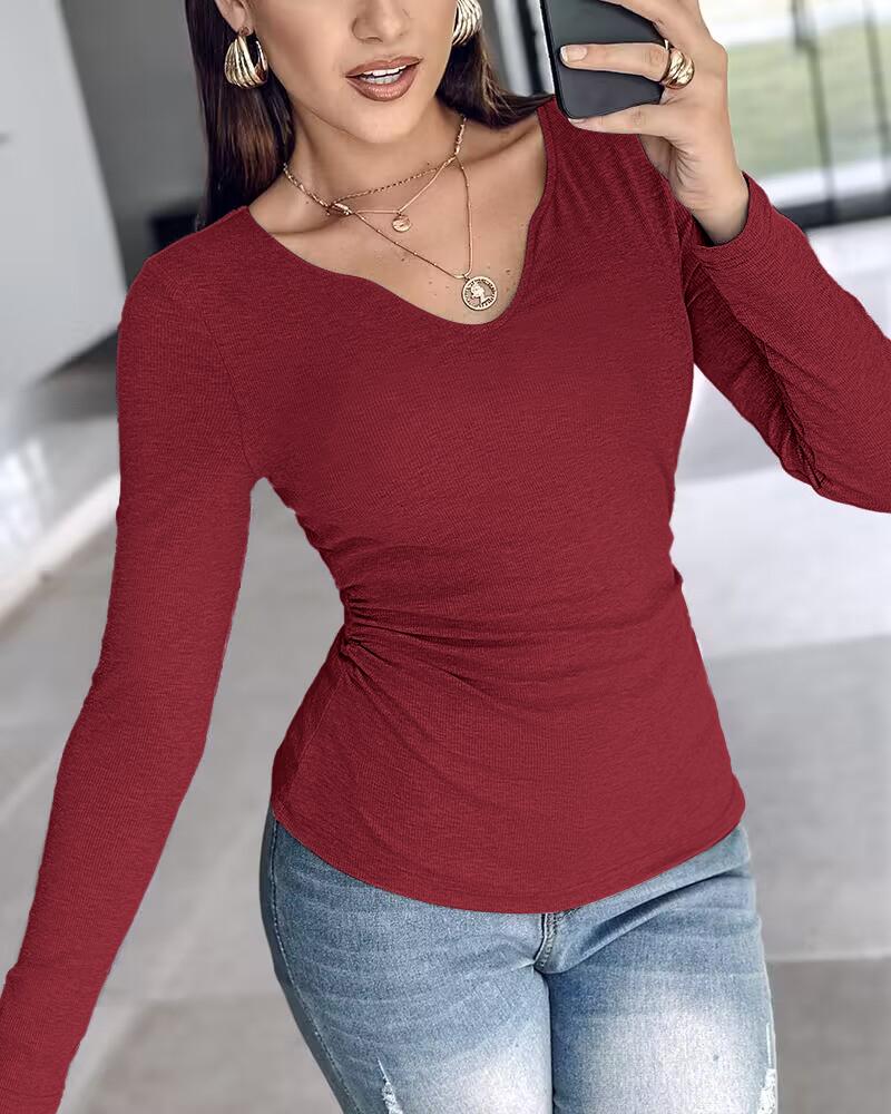 Built-in Self Bra Notch Neck Long Sleeve Shirts Rib-Knit Ruched Waist Top