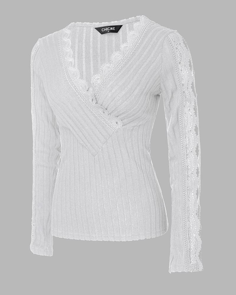 V-Neck Lace Patch Long Sleeve Top