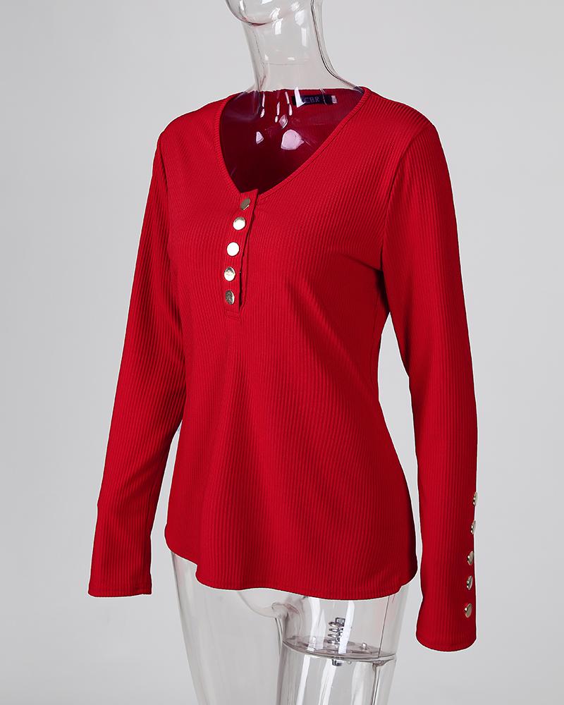 V Neck Button Down Slim Fit Ribbed Top Long Sleeve Pullover Casual Shirts
