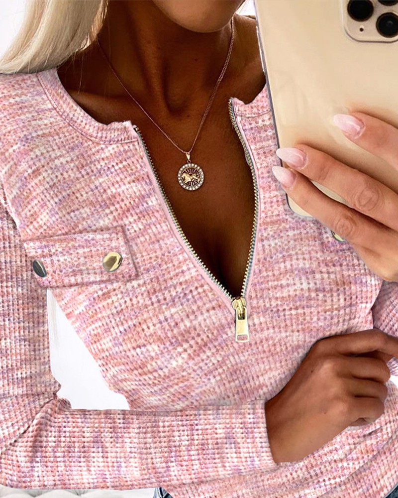 Crewneck Long Sleeve Ribbed Top Half Zipper Design Casual Pullover Tops