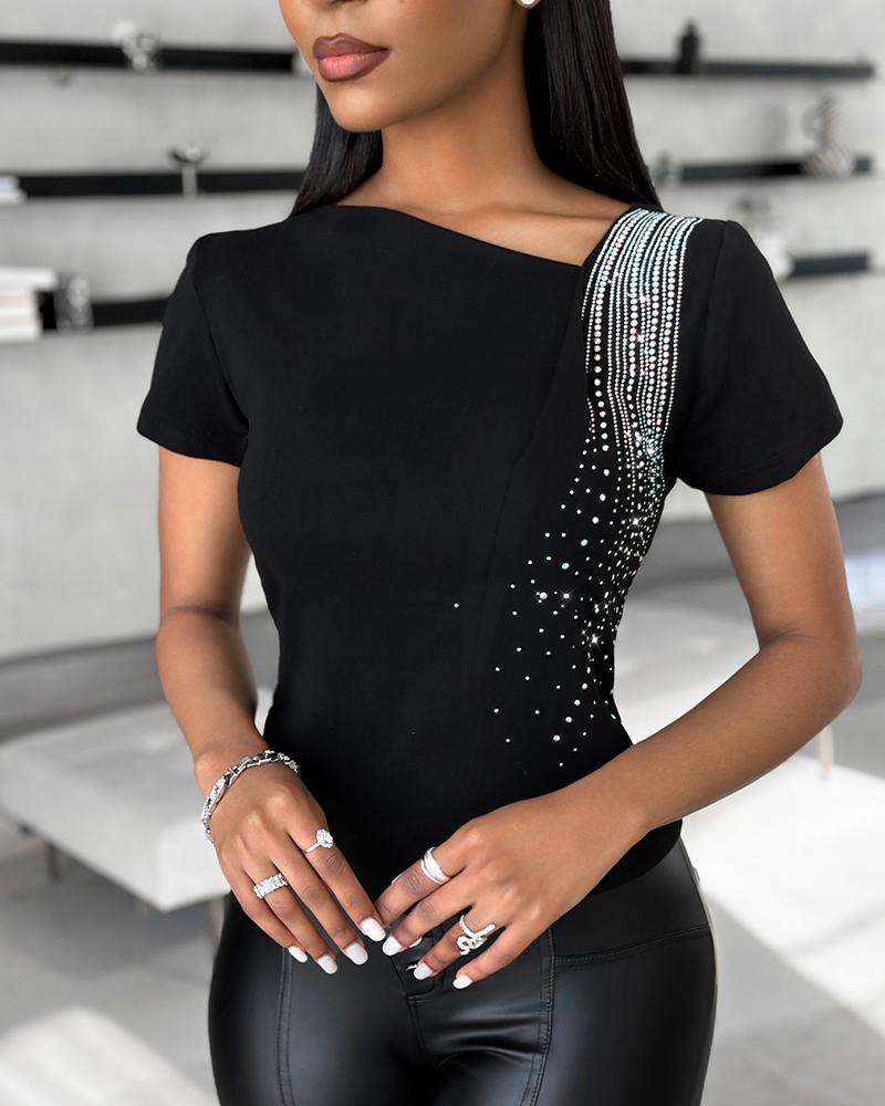 Rhinestone Decor Asymmetrical Neck T-Shirt