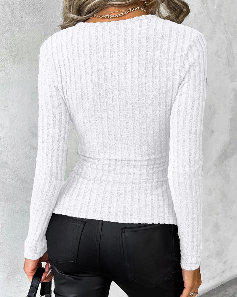 Deep V-Neck Ruched Side Button Decor Ribbed Top