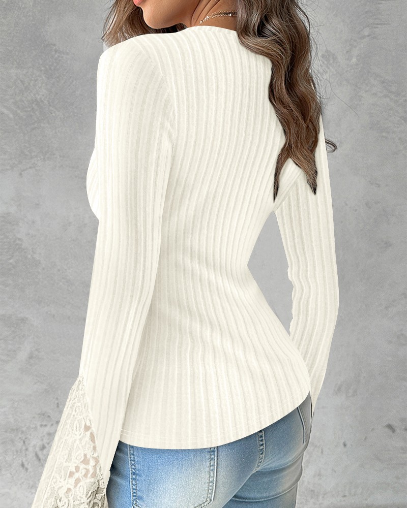 V-Neck Long Sleeve Blouse Criss Cross Pearls Decor Ribbed Top
