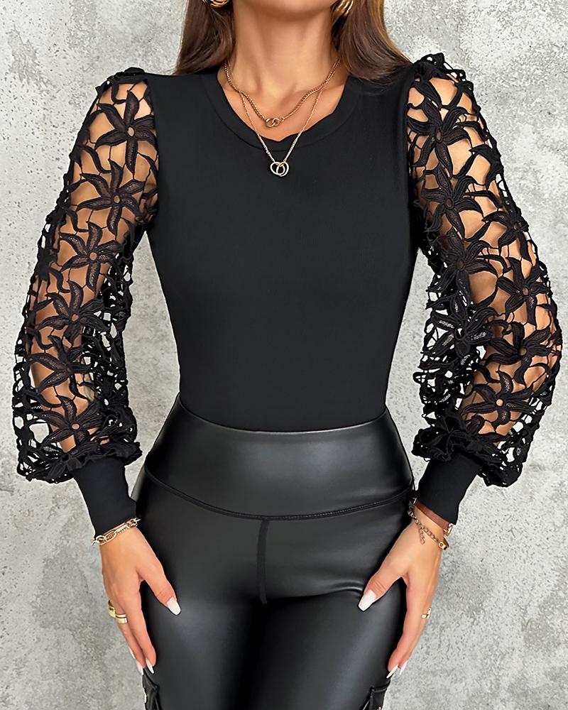 Floral Pattern Hollow-out Top Crewneck Lace Long Sleeve Pullover Blouse