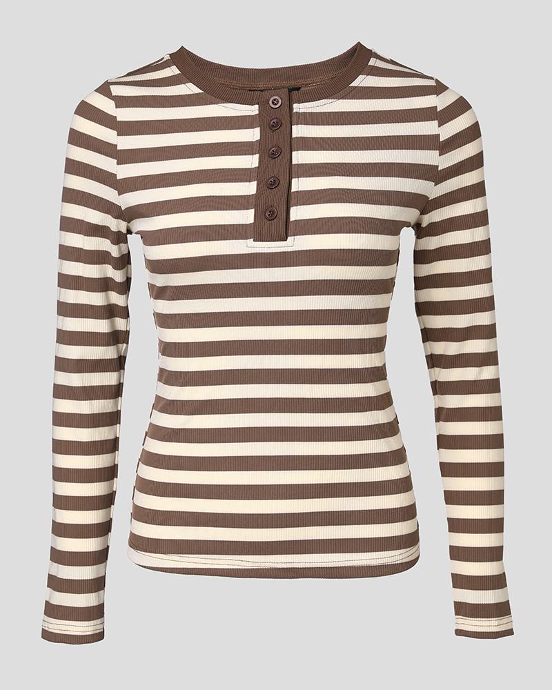 Striped Long Sleeve Crewneck Tops Button Front Ribbed Slim Fit Casual Basic Tees Tops