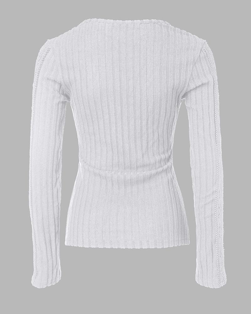 V-Neck Lace Patch Long Sleeve Top