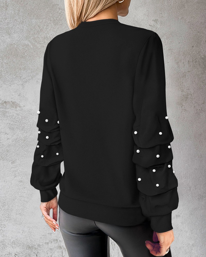 Keyhole Neck Long Sleeve Pullover Top Beaded Hollow Out Blouse Top