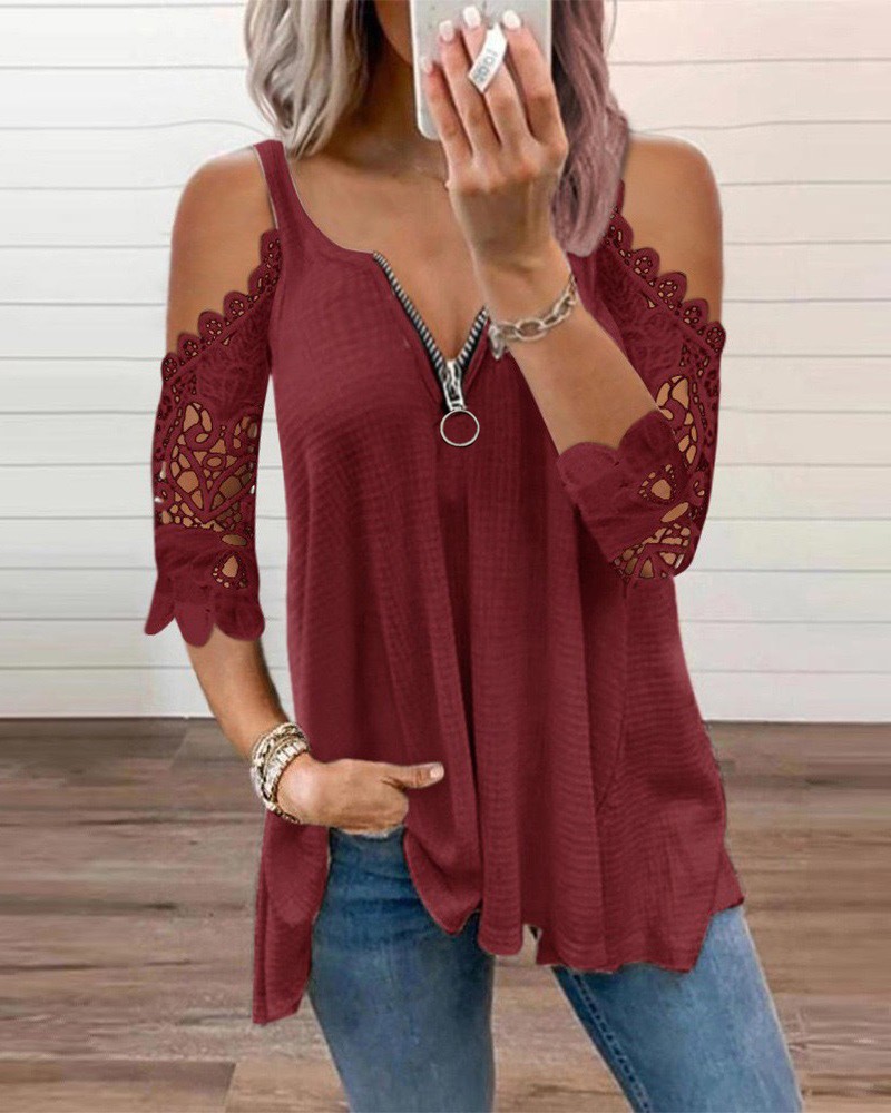 Cold Sleeve Zipper Front Lace Trim Top