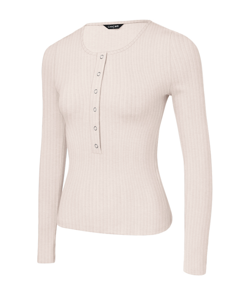 Long Sleeve Top Button Down Slim Fit Tops Crewneck Ribbed Knit Shirt