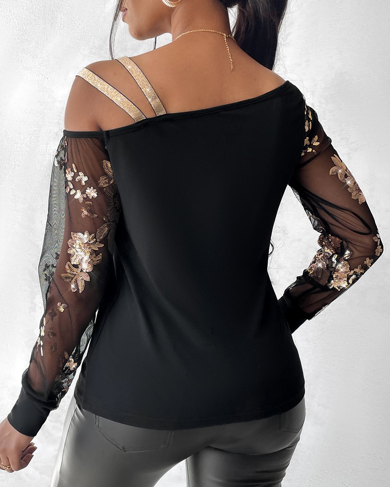 Mesh Patch Floral Sequin Cold SXhoulder Top