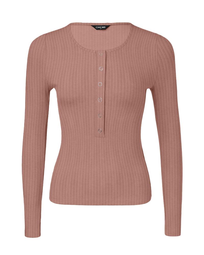 Long Sleeve Top Button Down Slim Fit Tops Crewneck Ribbed Knit Shirt