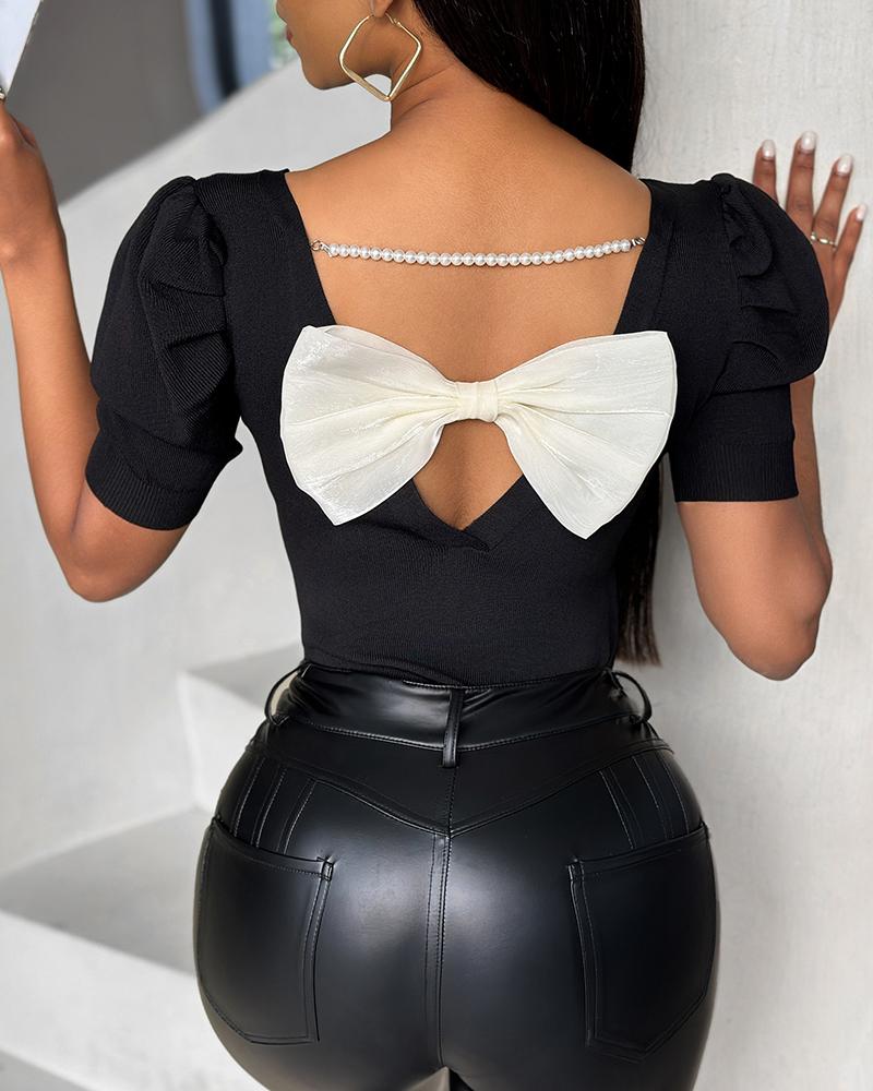 Bowknot Pearl Chains Details Short Puff Sleeve T-Shirt