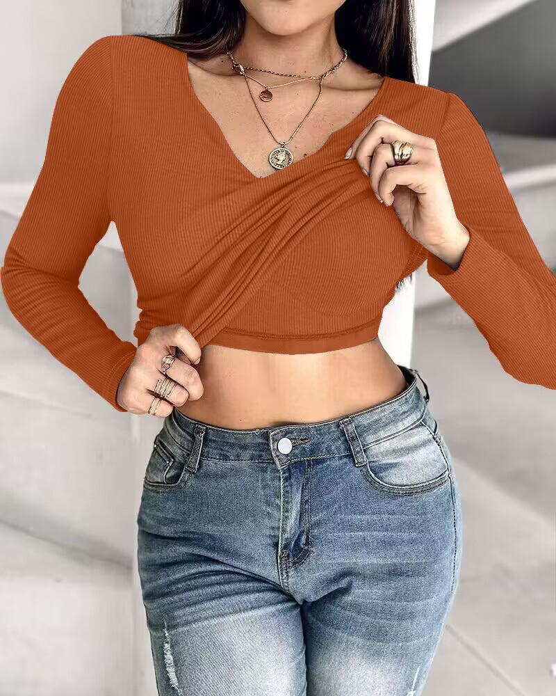 Built-in Self Bra Notch Neck Long Sleeve Shirts Rib-Knit Ruched Waist Top